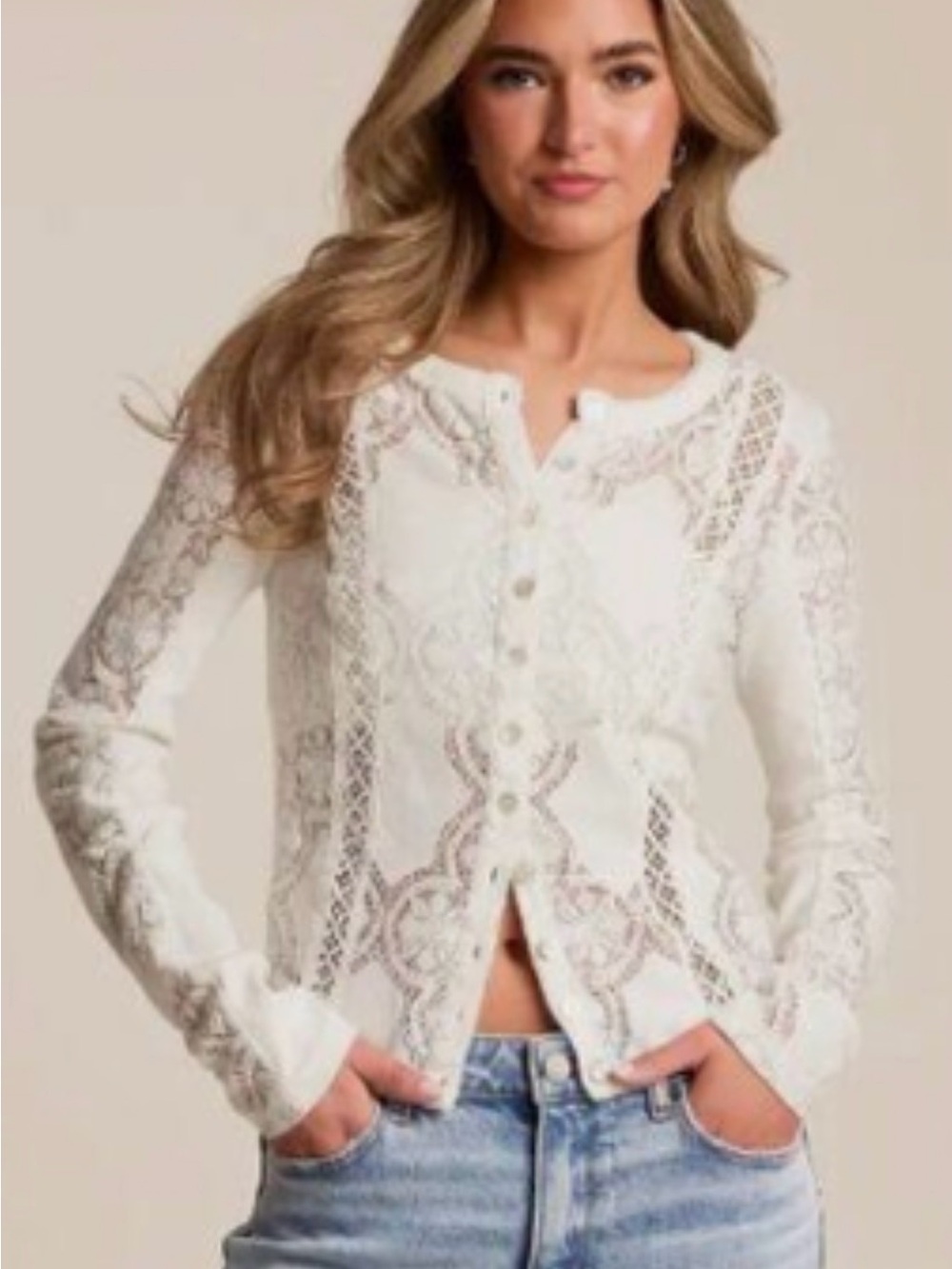 Free People sugar swizzle ivory Lace-Panel Button Cardigan Women XS NWT $78